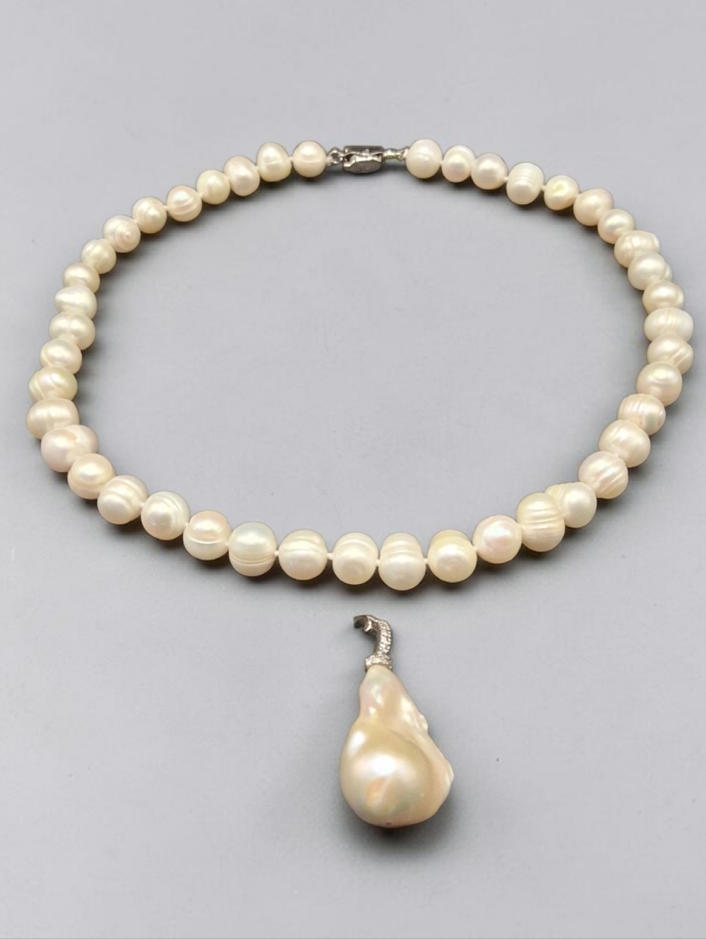 9.5-10.5MM Pearl Necklace & 17MM Removable Baroque Pearl Enhancer-Sterling Clasp - Picture 4 of 6
